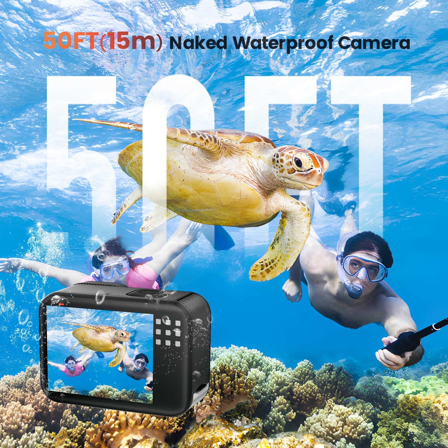 4K 60FPS 48MP WiFi Action Camera with Touch Screen, 50FT Underwater Waterproof Camera, No Case Needed, EIS Motorcycle Camera, 8X Zoom, 64GB Card, Remote Control, Batteries & Mounting Kits