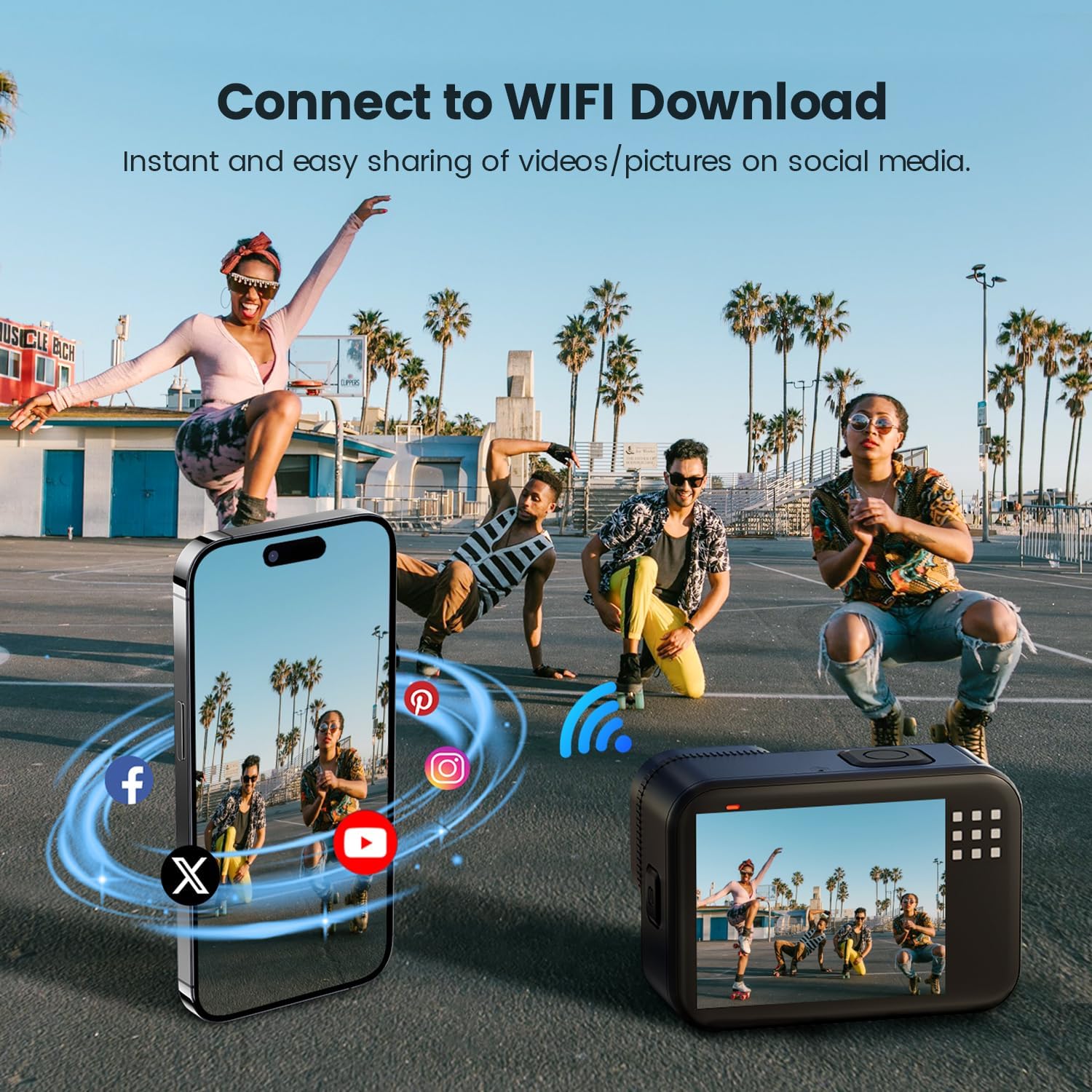 4K 60FPS 48MP WiFi Action Camera with Touch Screen, 50FT Underwater Waterproof Camera, No Case Needed, EIS Motorcycle Camera, 8X Zoom, 64GB Card, Remote Control, Batteries & Mounting Kits