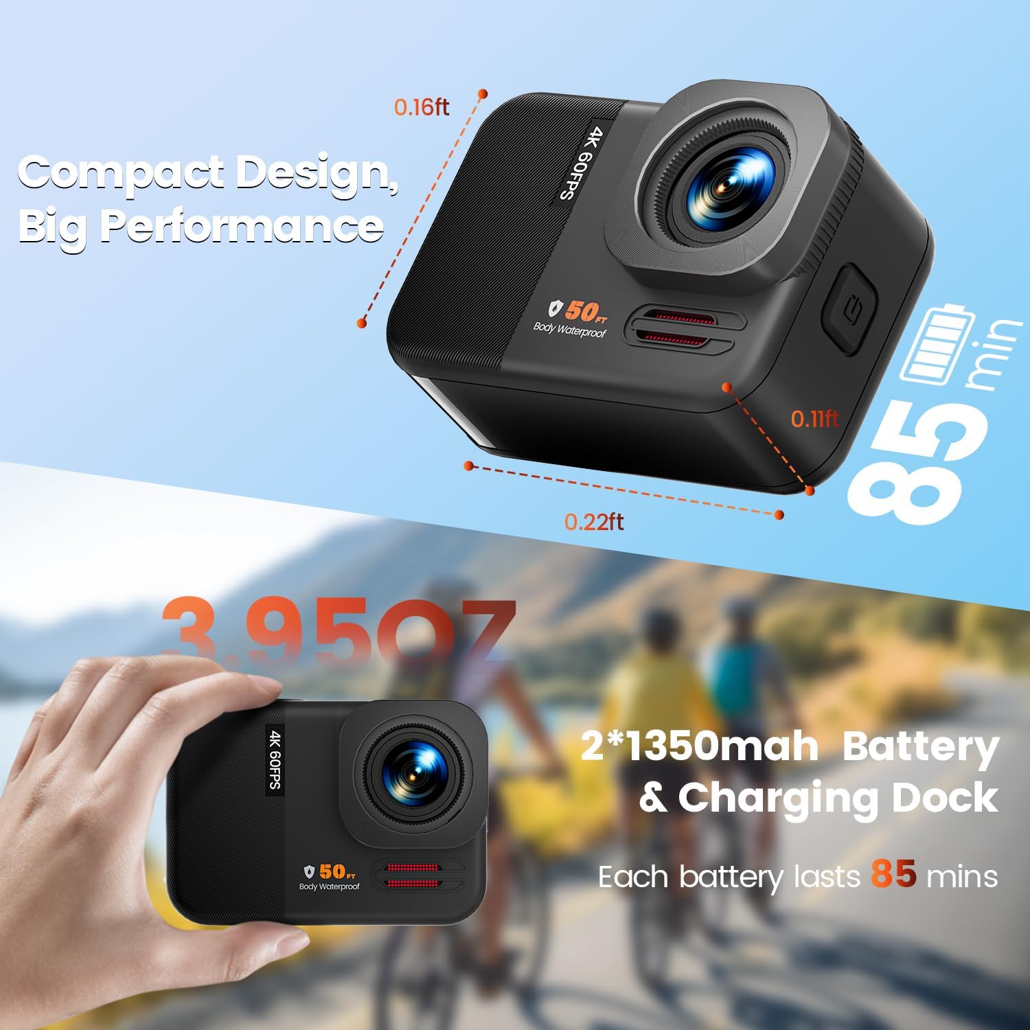 4K 60FPS 48MP WiFi Action Camera with Touch Screen, 50FT Underwater Waterproof Camera, No Case Needed, EIS Motorcycle Camera, 8X Zoom, 64GB Card, Remote Control, Batteries & Mounting Kits