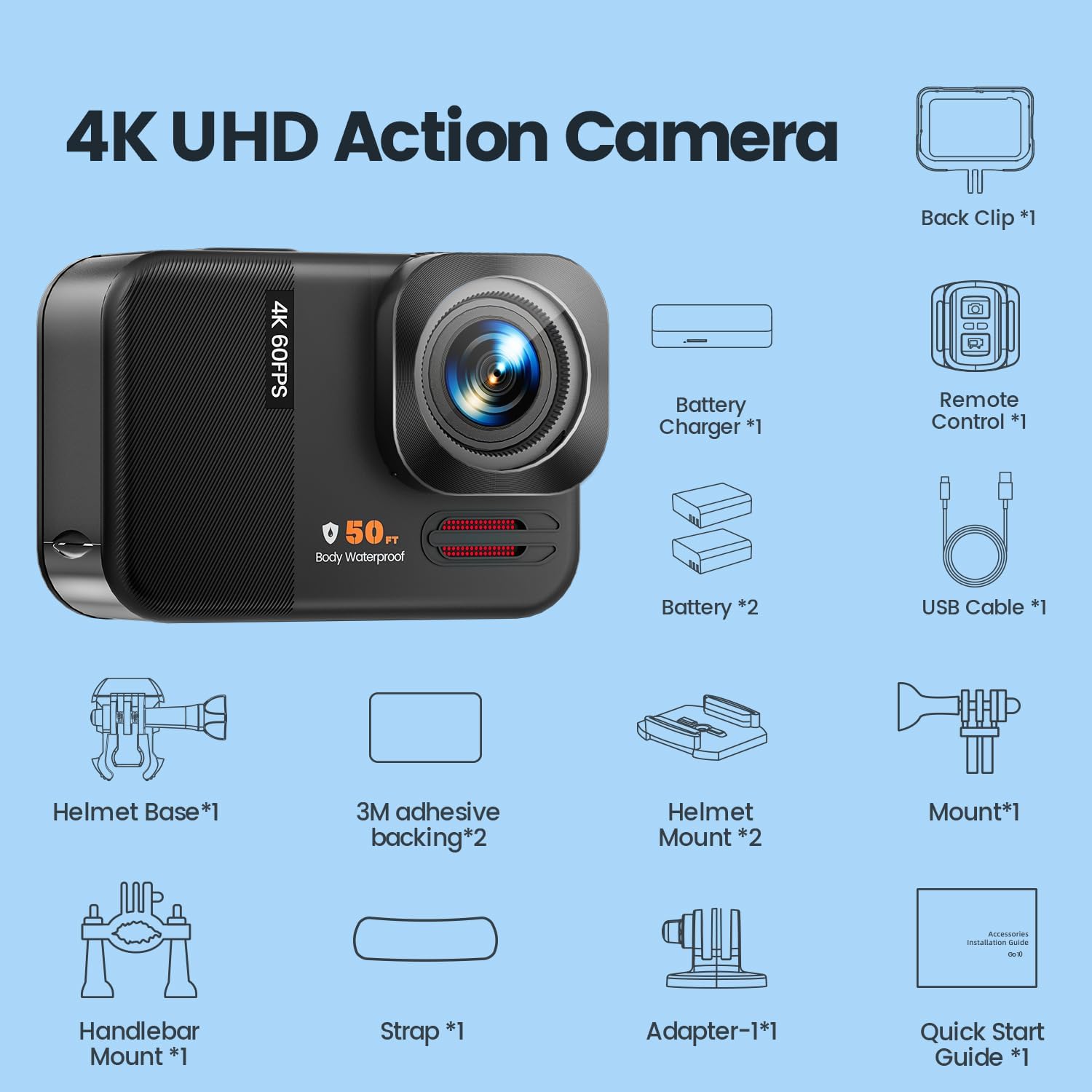 4K 60FPS 48MP WiFi Action Camera with Touch Screen, 50FT Underwater Waterproof Camera, No Case Needed, EIS Motorcycle Camera, 8X Zoom, 64GB Card, Remote Control, Batteries & Mounting Kits